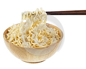 instant noodle in a bowl wooden with chopstick on white background