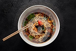 Instant noodles captured in professional food photography, quick meal