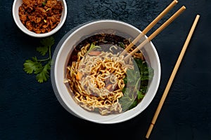 Instant noodles captured in professional food photography, quick meal