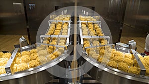 Instant noodles on conveyor belt in production process