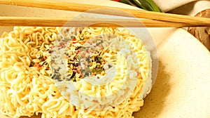 Instant noodles with dry seasoning brown bowl, raw noodles. Vegetarian dish. Delicious Asian style dinner. pasta, for the