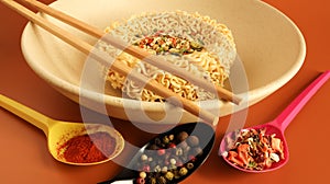 Instant noodles with dry seasoning brown bowl, raw noodles. Vegetarian dish. Delicious Asian style dinner. pasta, for the