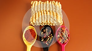 Instant noodles with dry seasoning brown bowl, raw noodles. Vegetarian dish. Delicious Asian style dinner. pasta, for the