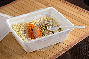 Instant noodles in plastic packaging, close-up, top view,junk food, fast food