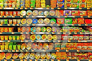 Instant noodles on supermarket shelves