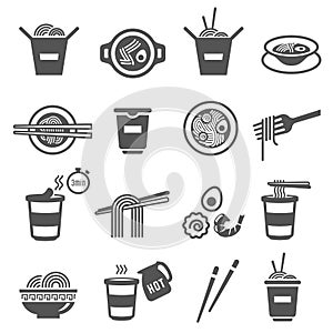 Instant noodles  utensils for eating  cooking bold black silhouette and line icons set isolated on white