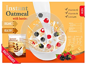 Instant oatmeal with berry advert concept.