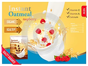 Instant oatmeal with raspberry advert concept.