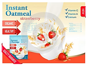 Instant oatmeal with strawberry advert concept.