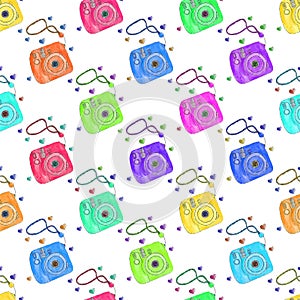 Instant photo camera. Seamless pattern with cameras. Hand-drawn background. Vector illustration.