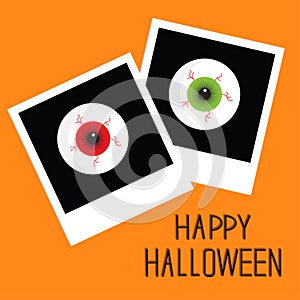 Instant photo with eyeball bloody streaks. Happy Halloween card. Flat design style.