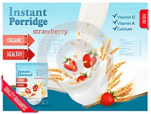 Instant porridge advert concept. Milk flowing into a bowl