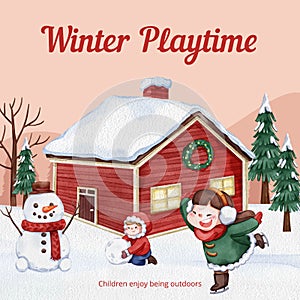 Instgram post template with children enjoy winter concept, watercolor style