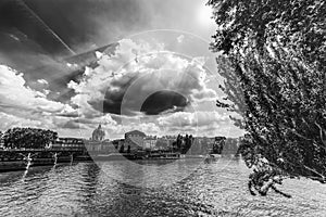 Institut de France seen from Seine river in Paris in black and white