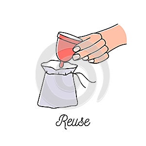 Instruction how to use woman menstrual cup during periods. Blood cup line art icon vector illustration