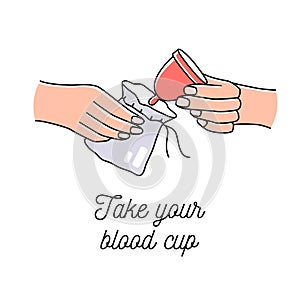 Instruction how to use woman menstrual cup during periods. Blood cup line art icon vector illustration