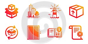 Instruction info, Return parcel and Packing boxes icons set. Lighthouse, Skyscraper buildings and Lift signs. Vector