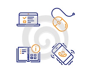 Instruction info, Web lectures and Computer mouse icons set. Call center sign. Project, Online test, Pc device. Vector photo