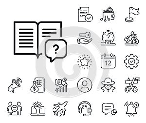 Instruction manual line icon. Help book sign. Salaryman, gender equality and alert bell. Vector