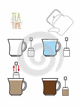 Instruction tea. Infographics steps to make tea from the bag. Vector illustration.