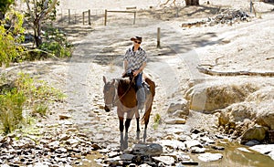 Instructor or cattleman riding horse in sunglasses, cowboy hat and rider boots