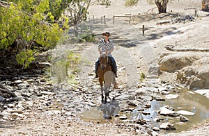Instructor or cattleman riding horse in sunglasses, cowboy hat and rider boots