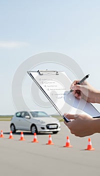 Instructor checking driving license test checklist with car