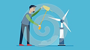 An instructor demonstrating the proper technique for repairing a damaged blade on a wind turbine.. Vector illustration.