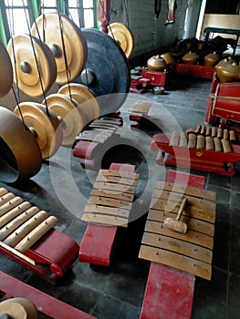 Instrumens of Javanese gamelan, traditional Indonesian music.