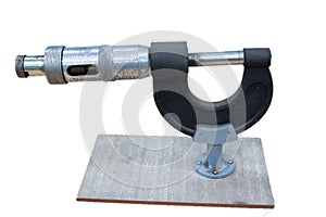 Instrument micrometer on white background. Mechanical instrument for measurement from steels