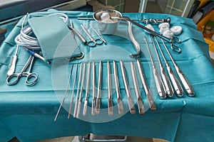 Instrument table with instruments is prepared for a gynaecological procedure