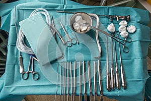 Instrument table with instruments is prepared for a gynaecological procedure