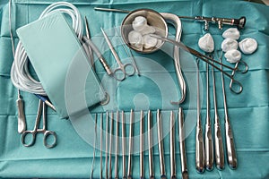 Instrument table with instruments is prepared for a gynaecological procedure