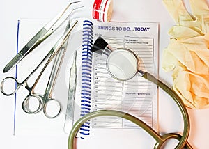 Instruments of basic surgrey on the table.
