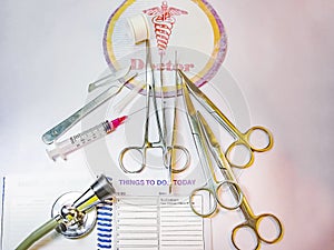 Instruments of basic surgrey on the table.