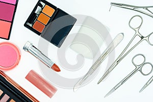 Instruments for cosmetic surgery and makeup cosmetic on white background, isolate.