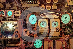 Instruments and dials inside an old submarine in Zeebrugge, Belgium