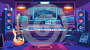 Instruments and equipment for recording music. Cartoon illustration of a mixing board with control buttons, electric