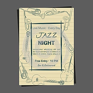 Instruments hand drawn music retro promo page flyer poster for events club pub bar template design