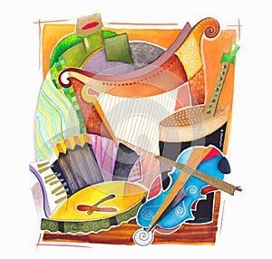 instruments in a modern style colored with watercolors