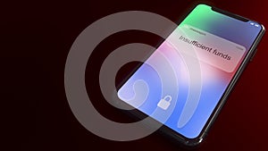 Insufficient funds pops up on the screen of a modern smartphone. Conceptual 3D rendering