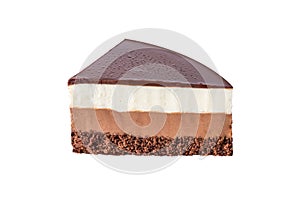 Insulated chocolate cake made of three different chocolate mousse layers , white , milk and dark with chocolate