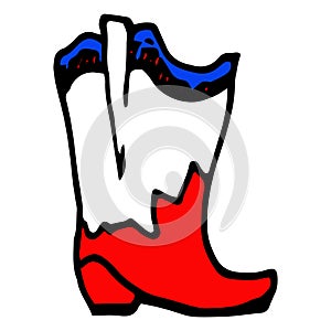 Insulated cowboy boot, painted on the side in a doodle style with red, white colors and blue stripes, with red and blue