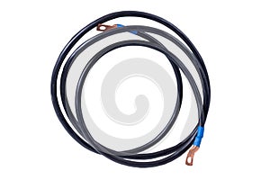 Insulated electrical components for screw mounting, black wire isolated on white background