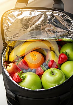 Insulated lunch bag filled with fresh fruit assortment