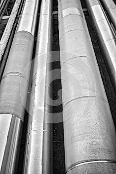 Insulated pipes for Oil & Gas industries. Black and white photo