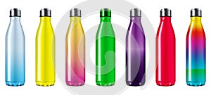Insulated water bottle color mock-up set. Reusable colorful stainless steel sport flask isolated on white background mockup