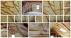 Insulation of attic with fiberglass cold barrier and insulation material photo collage