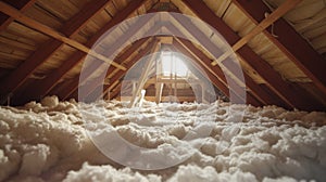 Insulation being installed in the attic ensuring a comfortable and energyefficient home during both the freezing cold photo