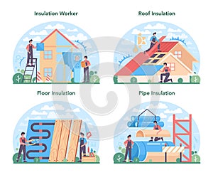 Insulation concept set. Thermal or acoustic insulation. Worker putting